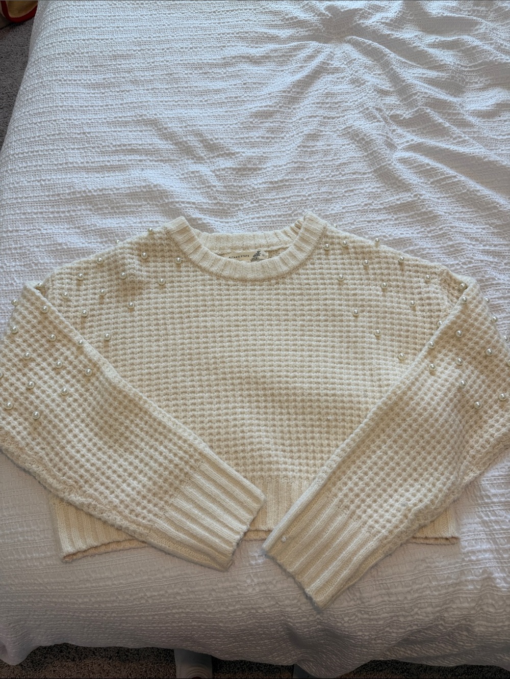 Altar'd State Cream Pearl-Accent Waffle Knit Crew Sweater